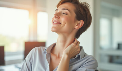 beautiful woman massages her neck with pleasure in the office
