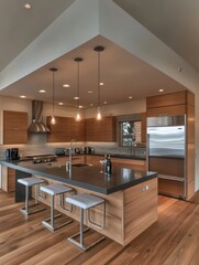 Fototapeta premium Modern Kitchen Island Design With Wood Cabinets And Stainless Steel Appliances