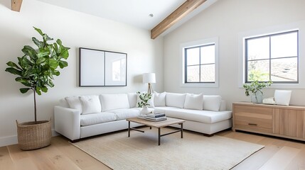 Fototapeta premium Minimalist Living Room with Neutral Tones Wooden Accents and Plush Sectional