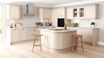 Minimalist Beige Kitchen with Warm Wooden Accents and Natural Lighting