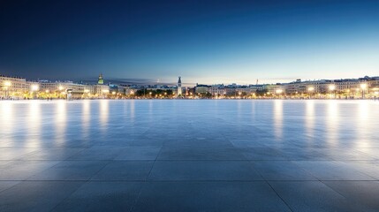 A serene urban landscape at dusk, showcasing a large, reflective plaza and city buildings.