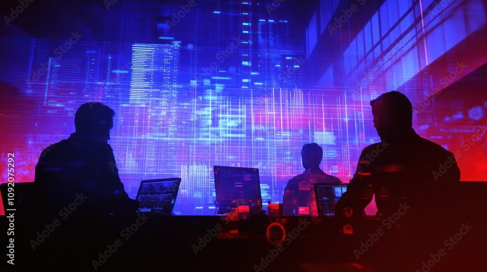 Poster silhouettes of individuals working with technology against a vibrant digital backdrop.