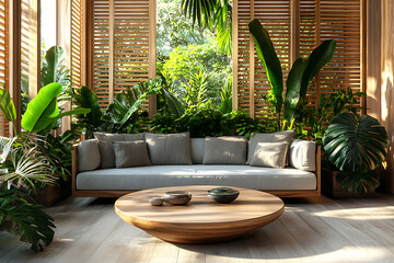 Tropical Modern Interior Design: Luxurious Living Room with Greenery and Wooden Accents