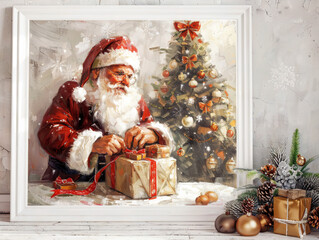 Fototapeta premium Vintage Santa Painting with a Christmas Tree in the Background, Set Against a White Frame on the Wall, Capturing the Christmas Spirit with Soft Lighting, Warm Colors, and Detailed Texture, Perfect for