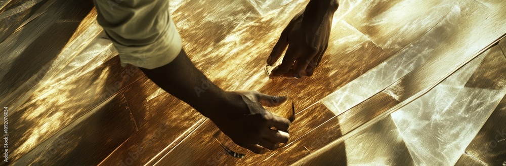 Aufkleber Hands carefully handling translucent materials, emphasizing craftsmanship and texture.