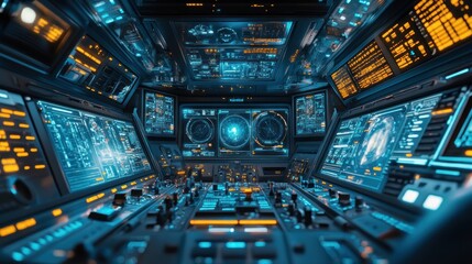Futuristic spaceship cockpit with glowing screens and controls.