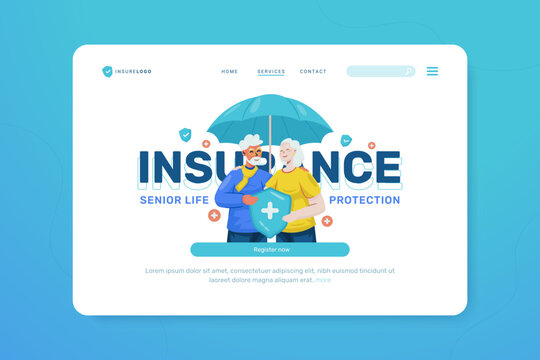 Senior life insurance illustration on web landing page template