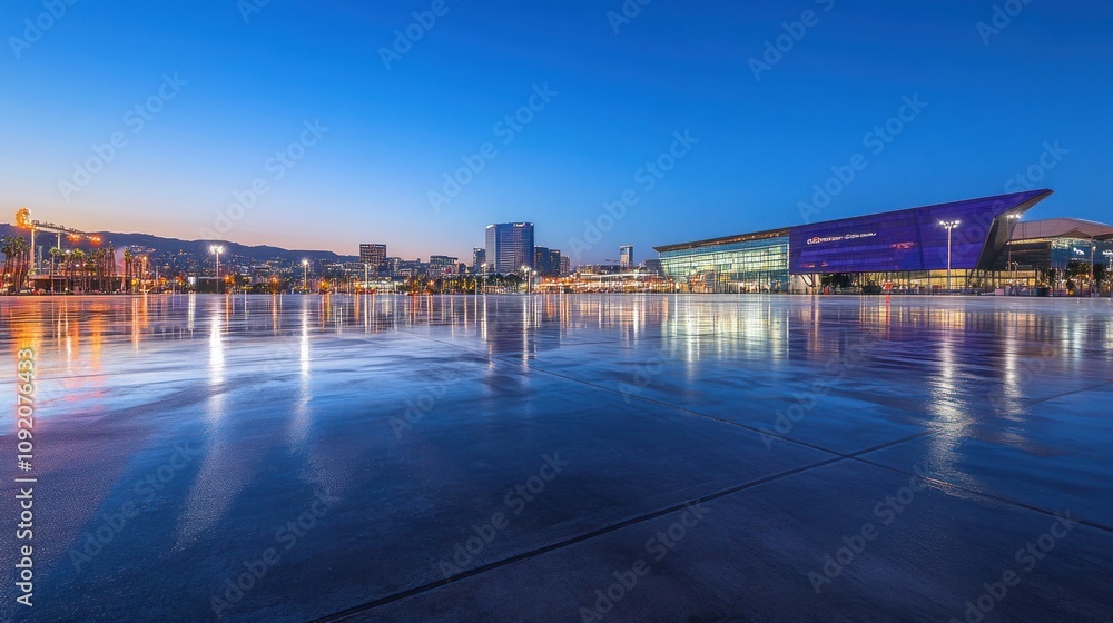 Aufkleber a serene evening view of a modern architectural structure reflecting in wet pavement.