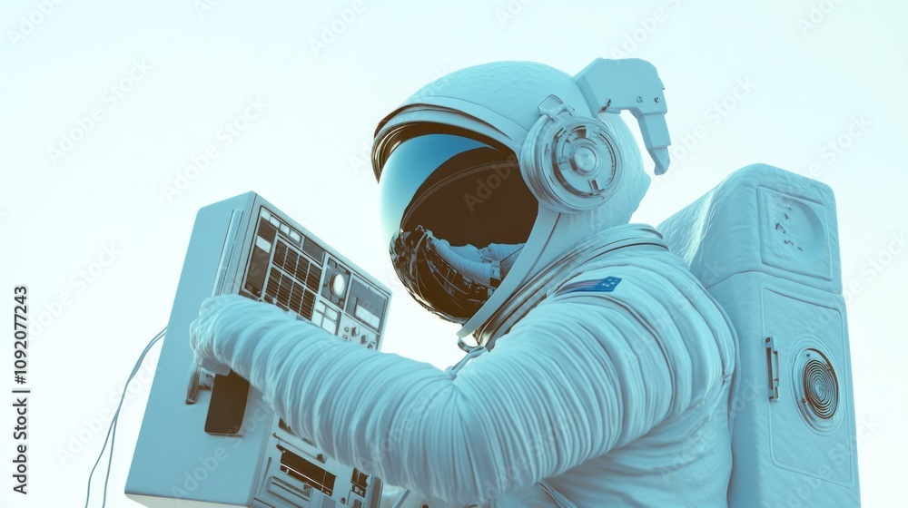 Poster An astronaut interacts with a device in a space-like environment.