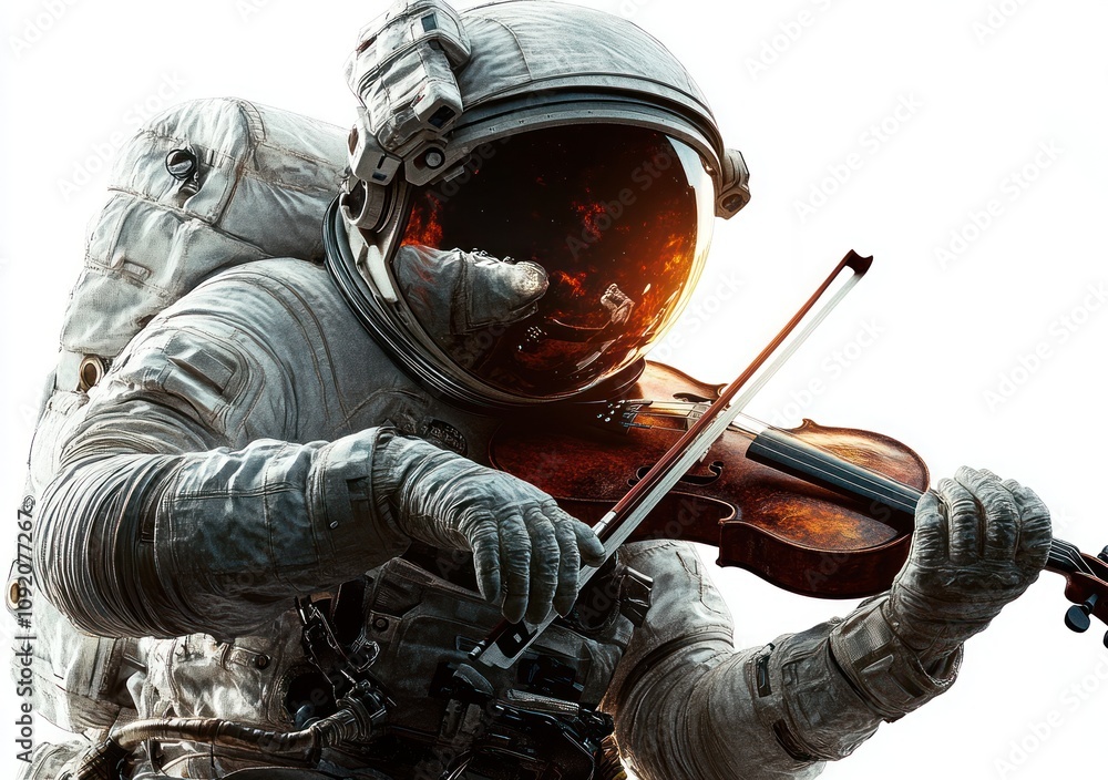 Poster an astronaut plays a violin in space, blending music with the cosmos.