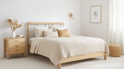 Minimalist Neutral Bedroom with Beige Bedding and Wooden Furnishings