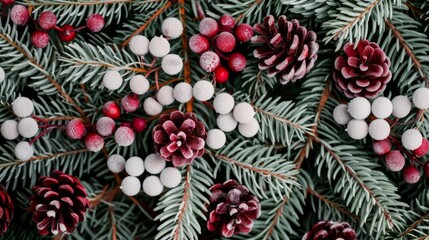 Festive arrangement of pinecones and berries.