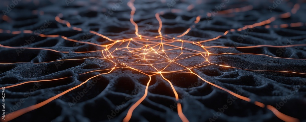 Poster business plan of market execution concept. a futuristic network of glowing lines interconnecting on 