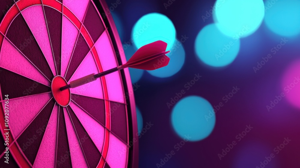 Poster business plan of market execution concept. a vibrant dartboard with an arrow striking its center, su