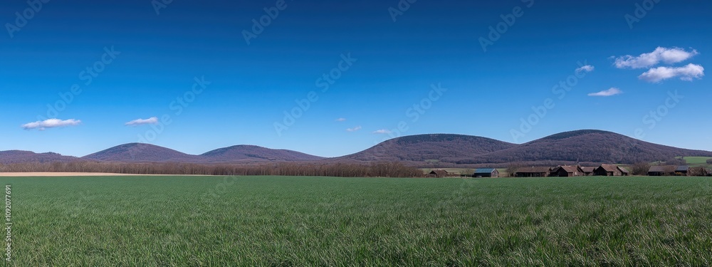Poster A panoramic view of rolling hills under a clear blue sky with green fields in the foreground.