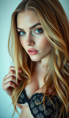 Fototapeta premium Sensual and confident online streamer with a playful expression, showcasing beauty and joy in colorful attire, perfect for vibrant lifestyle and content themes.