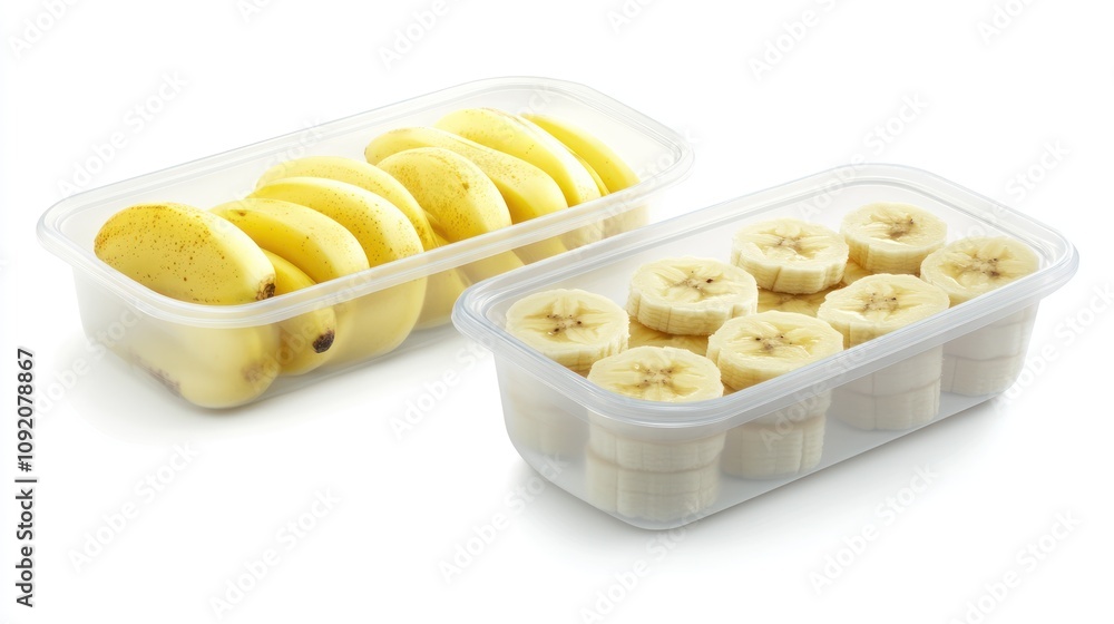 Poster two containers with whole bananas and sliced bananas for convenient snacking.
