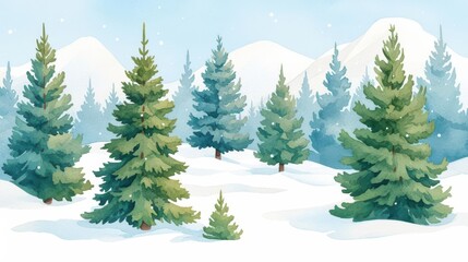 Fototapeta premium Snowy landscape featuring evergreen trees nestled among gentle mountains, creating a serene winter wonderland.
