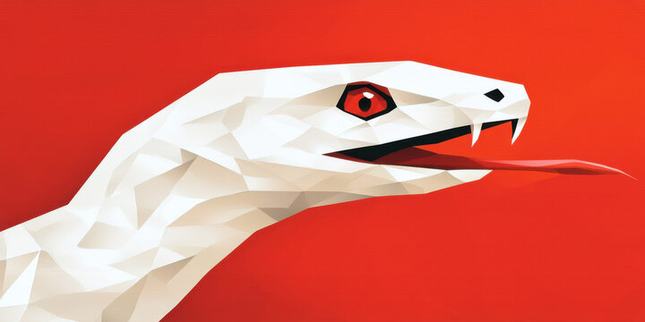 striking white snake with red eyes on vibrant red background