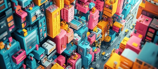 Fototapeta premium Colorful, stylized, 3D model of a city with blue, yellow, pink, and orange buildings and a road with cars.