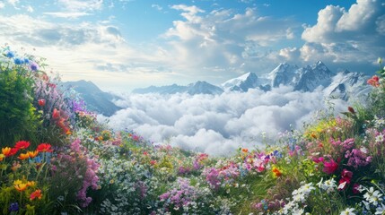 Obraz premium A vibrant meadow of wildflowers blooms in the foreground, with majestic snow-capped mountains and clouds creating a breathtaking landscape in the background.