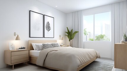 Fototapeta premium Minimalist Neutral Toned Bedroom with Sleek Wooden Furniture and Clean White Walls