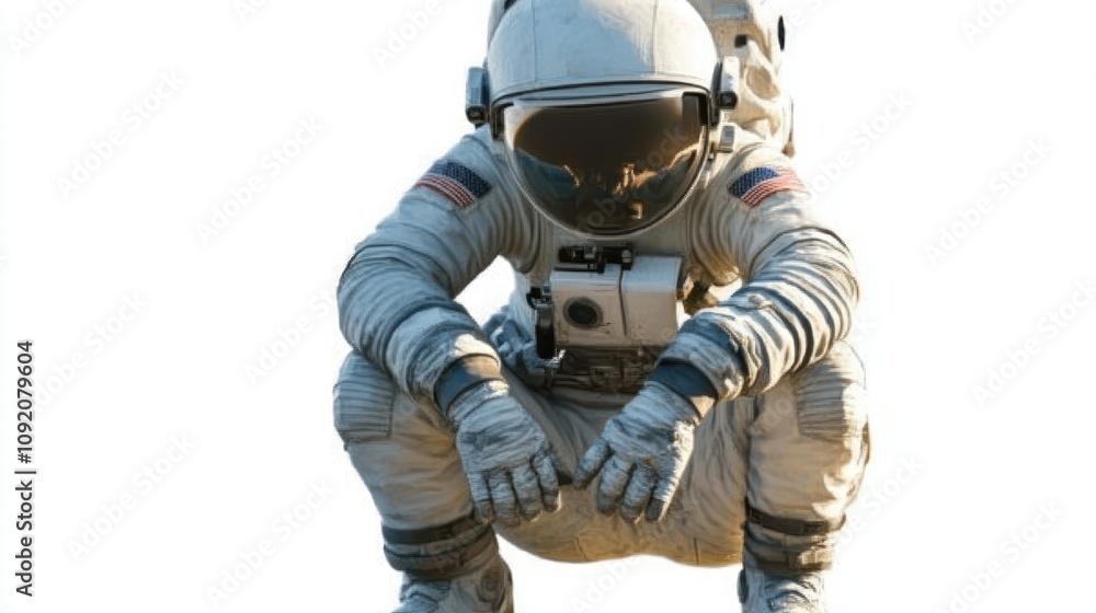 Aufkleber an astronaut crouching in a space suit, capturing a moment of exploration.