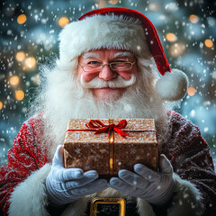 Santa Claus holding a brown box