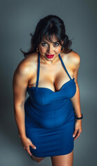 Fototapeta premium Alluring and glamorous young woman with a playful smile, embracing femininity, beauty, and the artistry of exclusive online content in a colorful studio.