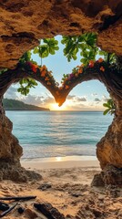 Fototapeta premium Stunning Sunset View Through Heart-Shaped Tropical Beach Cave with Lush Greenery, Bright Flowers, and Ocean Waves Displaying Ultimate Vacation Paradise