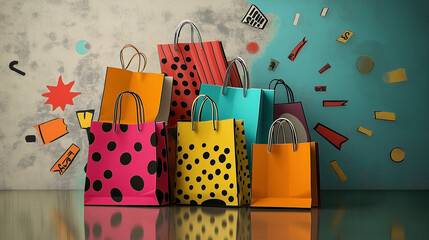 Stacked shopping bags with bold pop art patterns - Generative AI