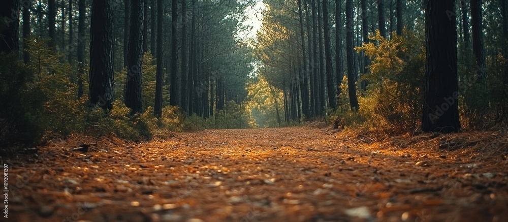 Poster a forest path lined with tall trees leads into the distance, sunlight filtering through the leaves. 