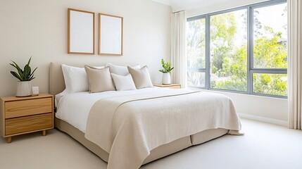 Neutral Toned Bedroom with Soft Furnishings and Abundant Natural Lighting