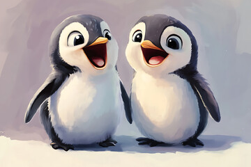 Fototapeta premium Two cheerful cartoon penguins smiling happily at each other.
