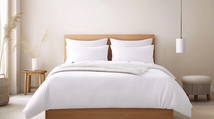 Serene and Cozy Neutral Toned Bedroom with Minimalist Accents and Comfortable Bedding