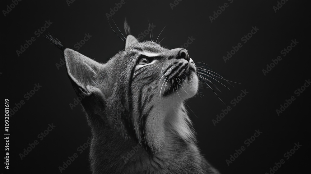 Poster a black and white portrait of a lynx gazing upward, showcasing its features and expression.
