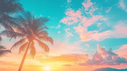 A vibrant sunset over a tropical landscape with palm trees.