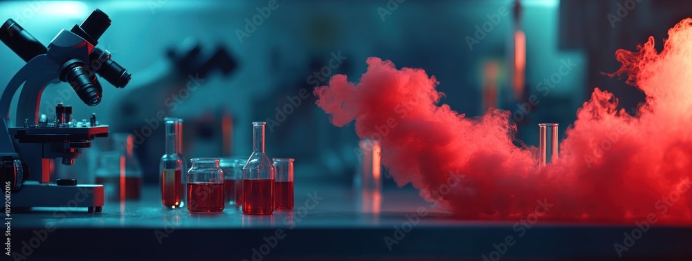 Aufkleber A laboratory scene featuring a microscope and glassware with colorful liquids and vapor.