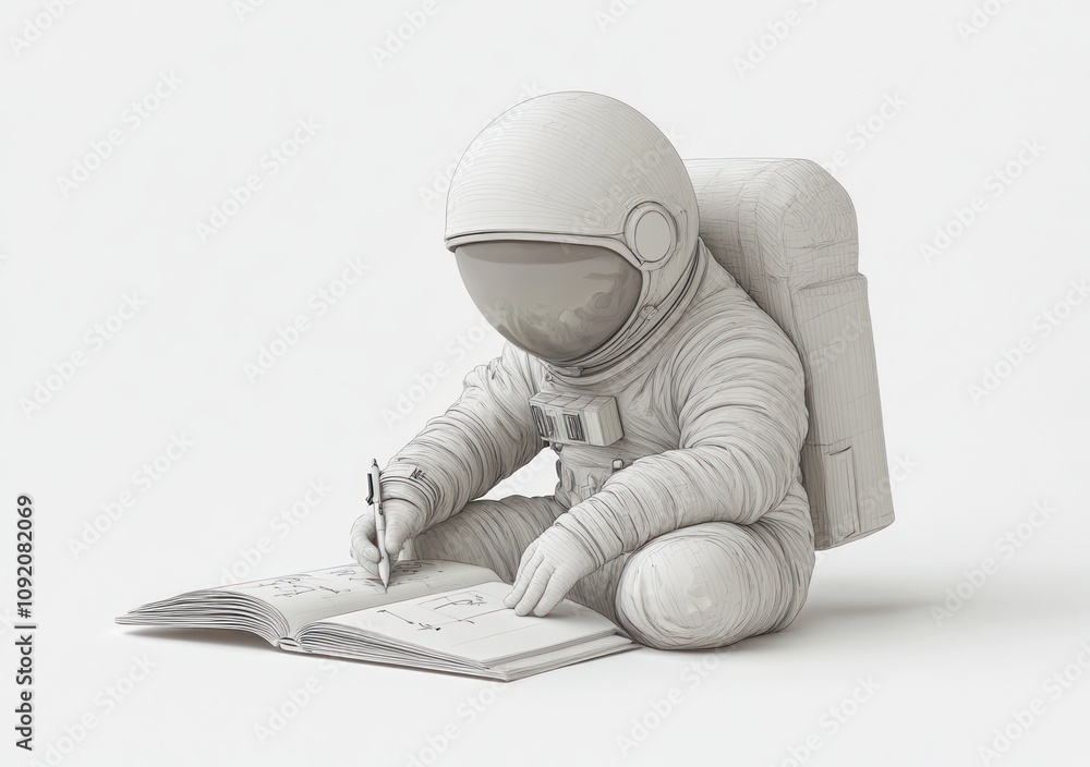Poster a small astronaut sitting and writing in a book, showcasing creativity and exploration.