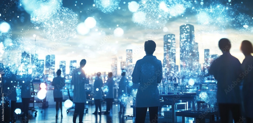 Poster Scientists observing a futuristic cityscape filled with glowing particles and data.