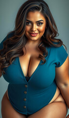 Fototapeta premium Playful and radiant young woman with a toned body, showcasing intimacy, charm, and beauty while celebrating modern online content creation in a colorful studio.