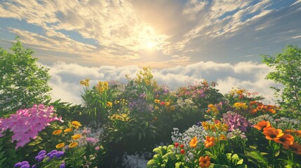 Obraz premium A vibrant meadow of colorful flowers blooms on a clifftop, with fluffy clouds below and a warm sunset in the sky.