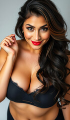 Naklejka premium Radiant and confident female streamer with a toned figure, showcasing passion, sensuality, and beauty while creating exclusive content for vibrant online lifestyle themes.