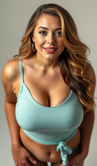 Fototapeta premium Tanned and glamorous female model with a curvy figure, showcasing sensuality, beauty, and confidence while creating exclusive content for vibrant online lifestyle entertainment.