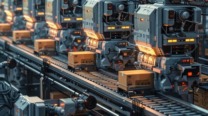 Automated robotic assembly line sorting cardboard boxes in futuristic factory.