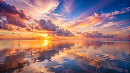 Naklejka premium Serene Sunset Reflection in a Calm Sea with a Sky Filled with Dramatic Hues of Pink, Orange, and Blue