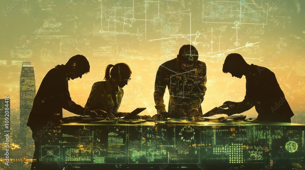 Poster team collaborating on digital projects with data overlays and city skyline backdrop.