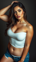 Fototapeta premium Elegant and radiant female model with a curvy body, embracing beauty, sensuality, and charm while creating exclusive online content for vibrant online connections.