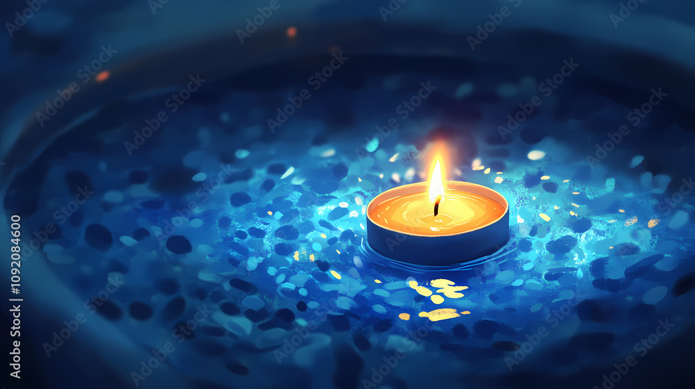 Canvas Prints A lit candle floats in a bathtub filled with blue bath salts. soft light illuminates the scene, creating a relaxing ambiance. Floating Candle Light. Illustration