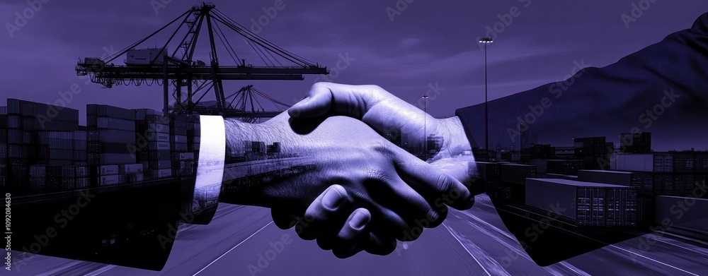 Poster A handshake symbolizes partnership in a business setting with a backdrop of shipping containers.